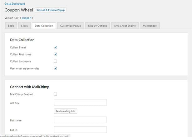 Data collection & MailChimp integration